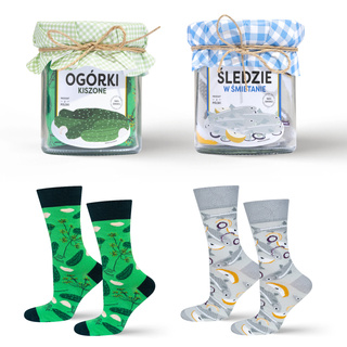 Set of socks in a jar with herring and pickles