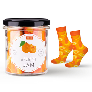 Women's orange SOXO GOOD STUFF socks with apricot jam in a jar