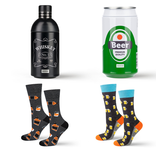 Set of Men's Socks Whiskey in a Bottle and Beer in a Can