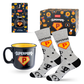 Set of men's socks Super Papa in a cup with a keychain