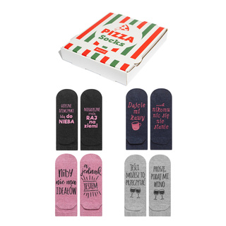 Set of 4x Colorful SOXO women's feet with inscriptions in a pizza box