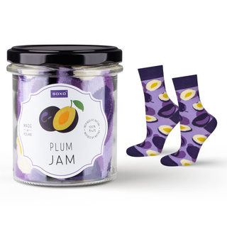 Women's pink SOXO GOOD STUFF socks with plum jam in a jar