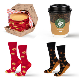 Set of Socks Coffee in a Cup and Hamburger in a Box
