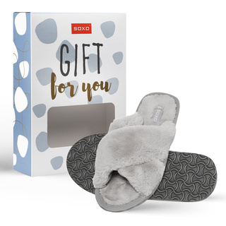 Women's slippers SOXO fur gray with a hard TPR sole, packed in a gift box