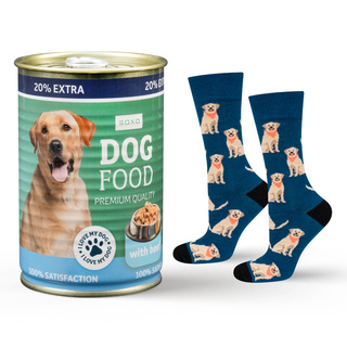 SOXO labrador men's socks in a can