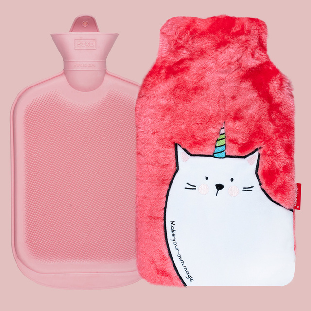 SOXO pink hot water bottle heater with a unicorn cat